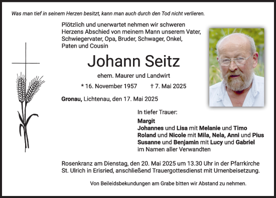 Traueranzeige von Johann Seitz von Mindelheimer Zeitung