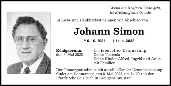 Traueranzeige von Johann Simon von Augsburger Allgemeine