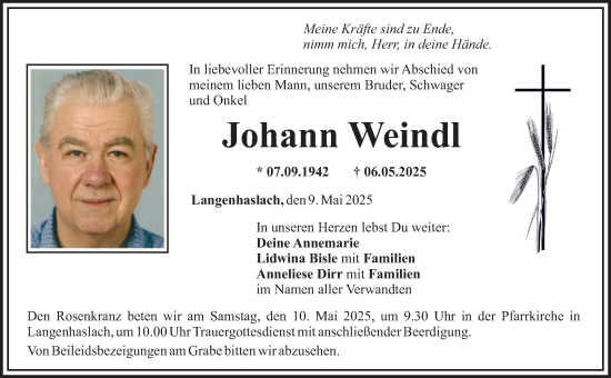 Traueranzeige von Johann Weindl von Mittelschwäbische Nachrichten