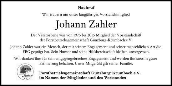 Traueranzeige von Johann Zahler von Mittelschwäbische Nachrichten, Günzburger Zeitung