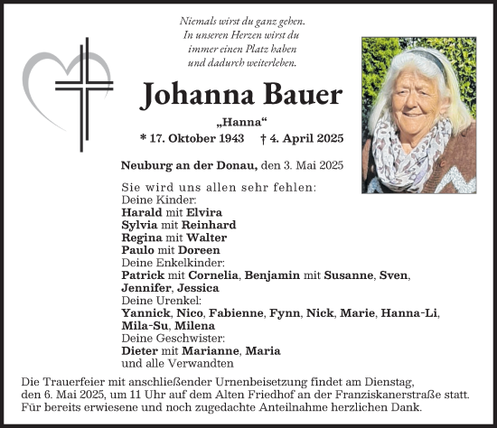 Traueranzeige von Johanna Bauer von Neuburger Rundschau