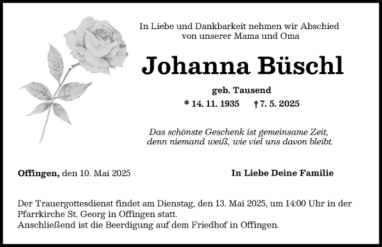 Traueranzeige von Johanna Büschl von Günzburger Zeitung, Donau Zeitung