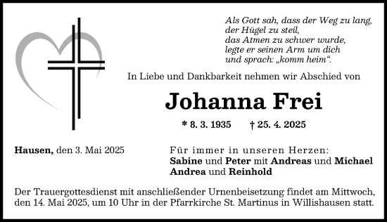 Traueranzeige von Johanna Frei von Augsburger Allgemeine