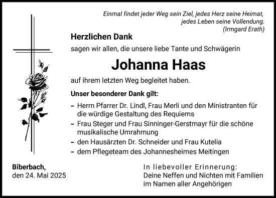 Traueranzeige von Johanna Haas von Augsburg-Land