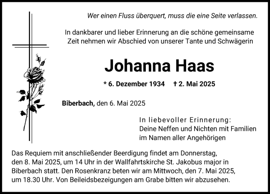 Traueranzeige von Johanna Haas von Augsburg-Land