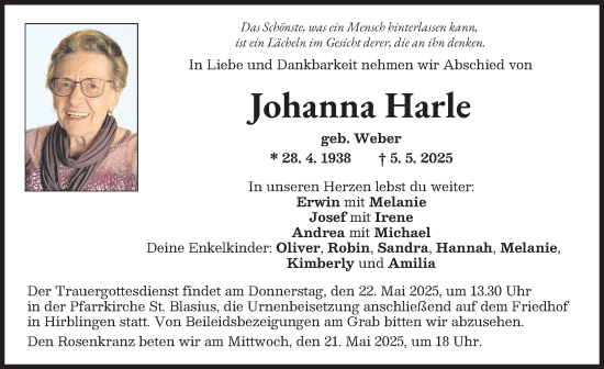 Traueranzeige von Johanna Harle von Augsburg-Land