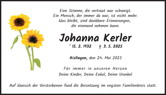 Traueranzeige von Johanna Kerler von Donau Zeitung