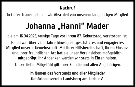Traueranzeige von Johanna Mader von Landsberger Tagblatt