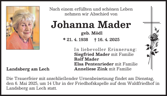 Traueranzeige von Johanna Mader von Landsberger Tagblatt