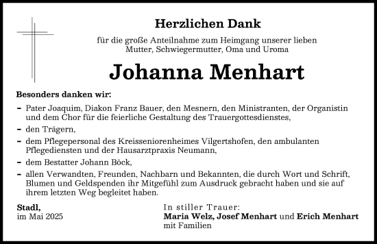 Traueranzeige von Johanna Menhart von Landsberger Tagblatt