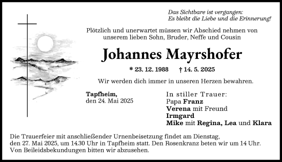 Traueranzeige von Johannes Mayrshofer von Donauwörther Zeitung
