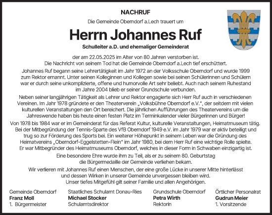 Traueranzeige von Johannes Ruf von Donauwörther Zeitung