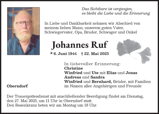 Traueranzeige von Johannes Ruf von Donauwörther Zeitung