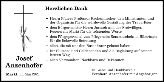 Traueranzeige von Josef Anzenhofer von Augsburg-Land