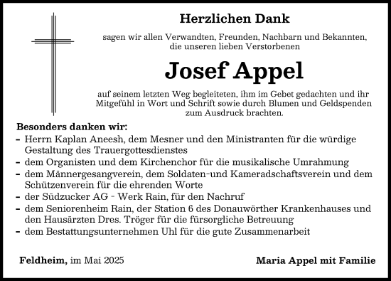 Traueranzeige von Josef Appel von Donauwörther Zeitung