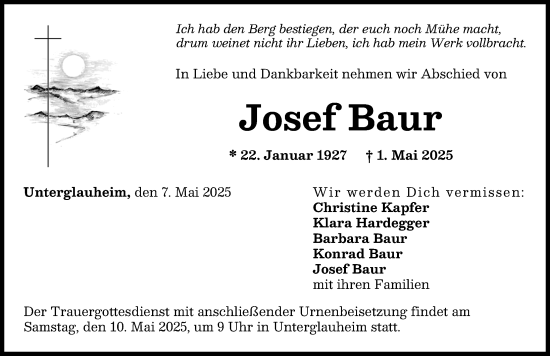 Traueranzeige von Josef Baur von Donau Zeitung