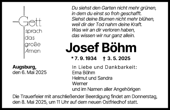 Traueranzeige von Josef Böhm von Augsburger Allgemeine