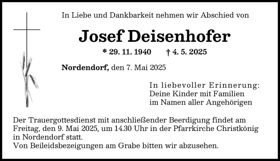 Traueranzeige von Josef Deisenhofer von Augsburg-Land