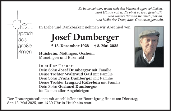 Traueranzeige von Josef Dumberger von Donauwörther Zeitung