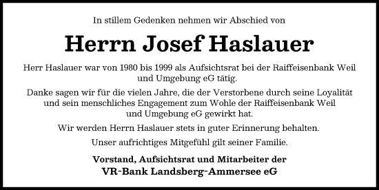 Traueranzeige von Josef Haslauer von Landsberger Tagblatt