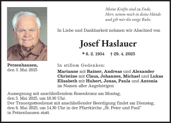 Traueranzeige von Josef Haslauer von Landsberger Tagblatt