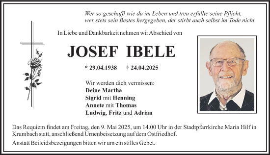 Traueranzeige von Josef Ibele von Mittelschwäbische Nachrichten