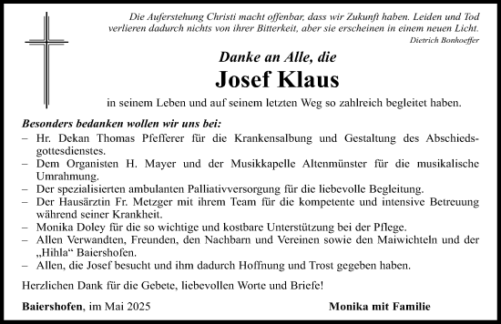 Traueranzeige von Josef Klaus von Augsburg-Land