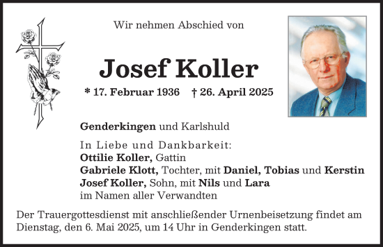 Traueranzeige von Josef Koller von Donauwörther Zeitung