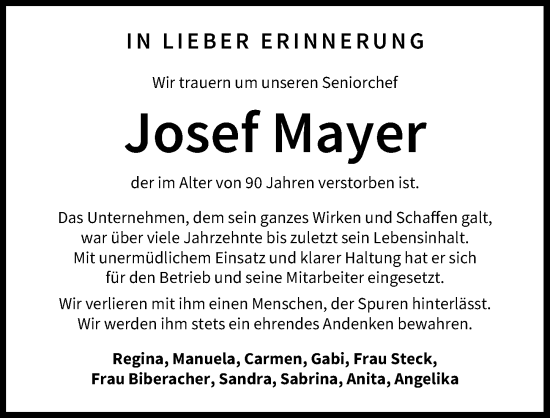 Traueranzeige von Josef Mayer von Mittelschwäbische Nachrichten