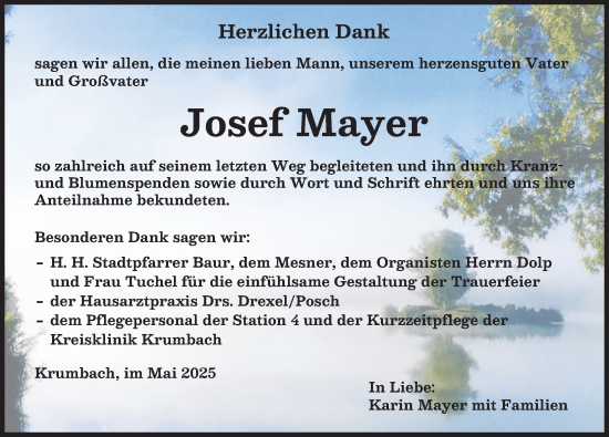 Traueranzeige von Josef Mayer von Mittelschwäbische Nachrichten