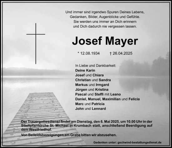 Traueranzeige von Josef Mayer von Mittelschwäbische Nachrichten