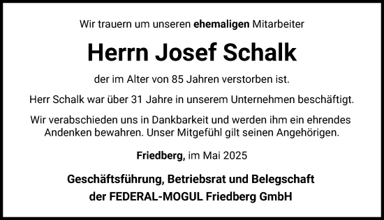 Traueranzeige von Josef Schalk von Friedberger Allgemeine