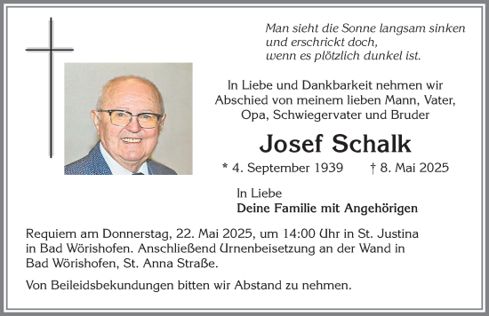 Traueranzeige von Josef Schalk von Mindelheimer Zeitung, Friedberger Allgemeine