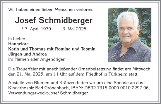 Traueranzeige von Josef Schmidberger von Mindelheimer Zeitung