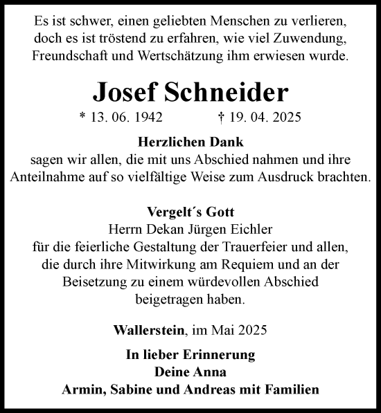 Traueranzeige von Josef Schneider von Rieser Nachrichten