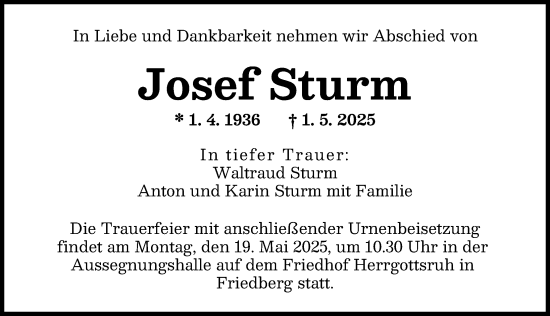 Traueranzeige von Josef Sturm von Augsburger Allgemeine, Friedberger Allgemeine