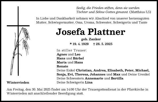 Traueranzeige von Josefa Plattner von Illertisser Zeitung