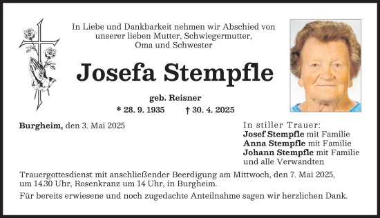 Traueranzeige von Josefa Stempfle von Donauwörther Zeitung, Neuburger Rundschau