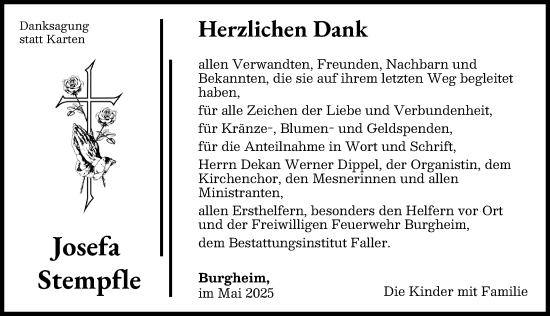 Traueranzeige von Josefa Stempfle von Neuburger Rundschau