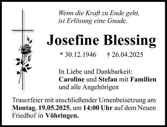Traueranzeige von Josefine Blessing von Illertisser Zeitung