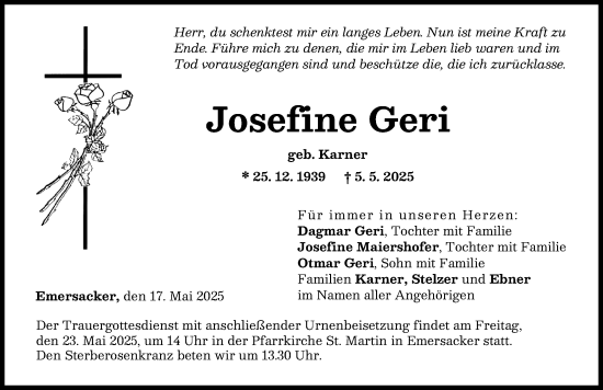 Traueranzeige von Josefine Geri von Augsburg-Land, Wertinger Zeitung
