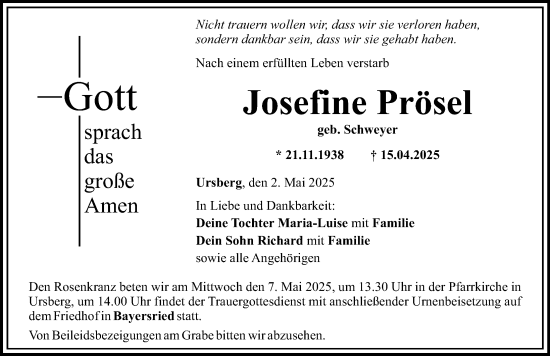 Traueranzeige von Josefine Prösel von Mittelschwäbische Nachrichten