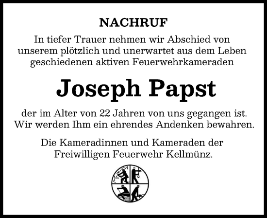 Traueranzeige von Joseph Papst von Illertisser Zeitung