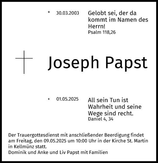 Traueranzeige von Joseph Papst von Illertisser Zeitung