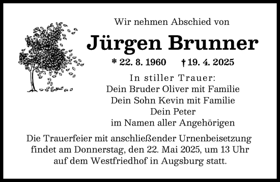Traueranzeige von Jürgen Brunner von Augsburger Allgemeine