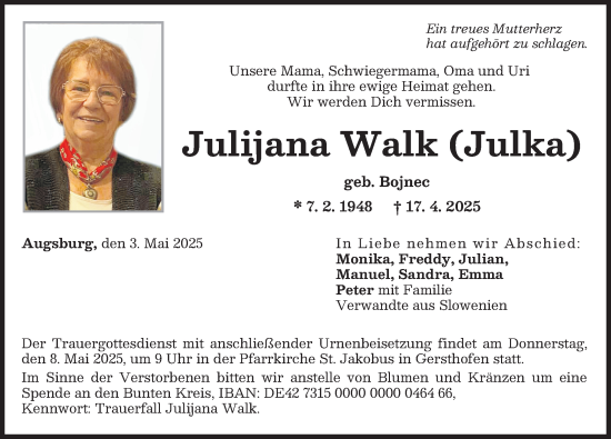 Traueranzeige von Julijana Walk von Augsburger Allgemeine