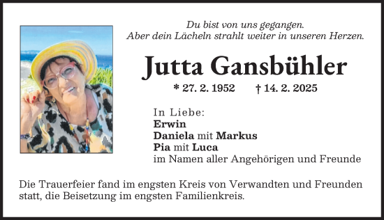 Traueranzeige von Jutta Gansbühler von Schwabmünchner Allgemeine