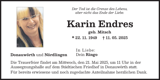 Traueranzeige von Karin Endres von Rieser Nachrichten, Donauwörther Zeitung