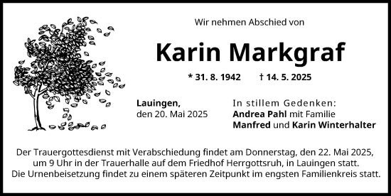 Traueranzeige von Karin Markgraf von Donau Zeitung
