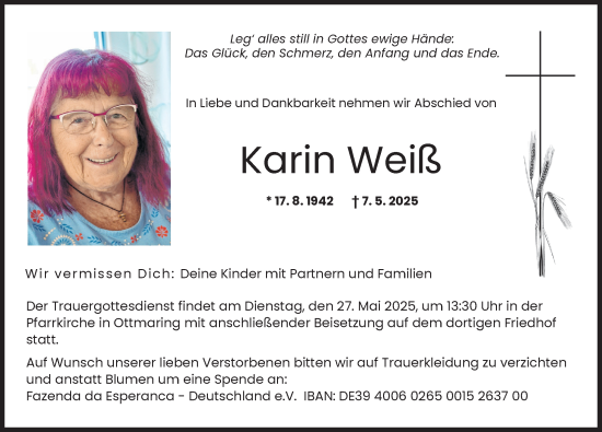 Traueranzeige von Karin Weiß von Friedberger Allgemeine